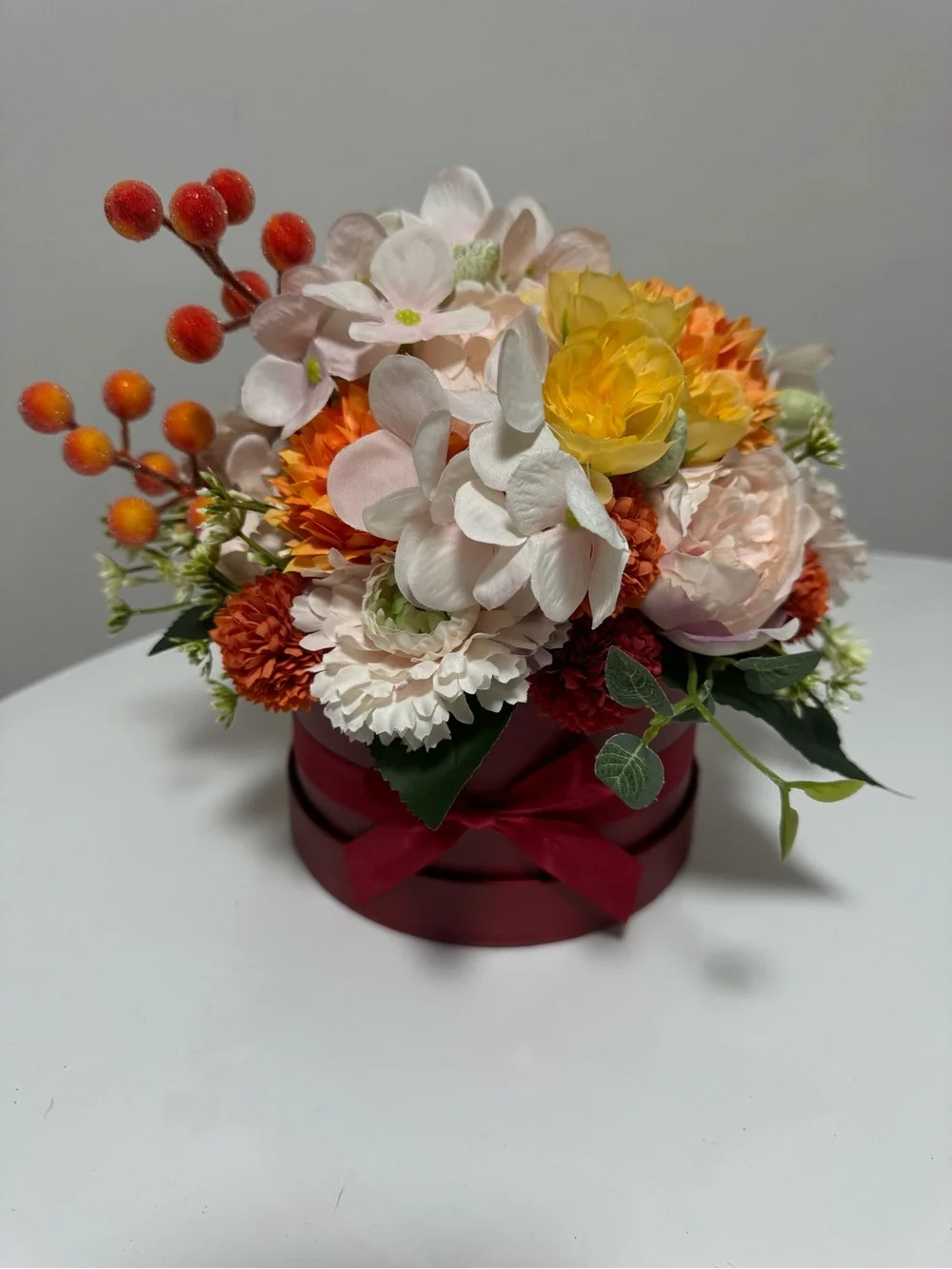 Handmade Artificial Floral Arrangement in Burgundy Hatbox – Fall Home Decor